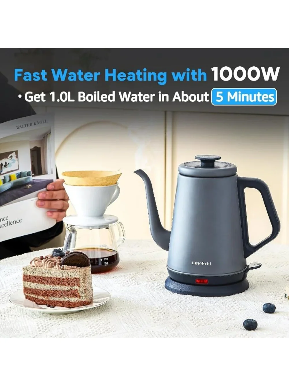 1.0L Grey Gooseneck Electric Kitchen Kettles Stainless Steel BPA Free Pour Over